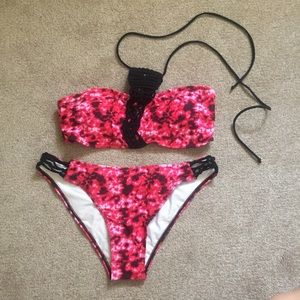 NWT Crochet tie dye bikini black hot pink S small two piece bathing suit